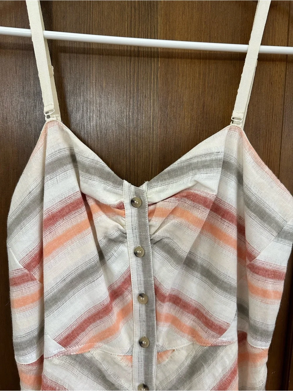Free People Striped Button-Front Midi  Sundress in Cream, Coral, and Gray